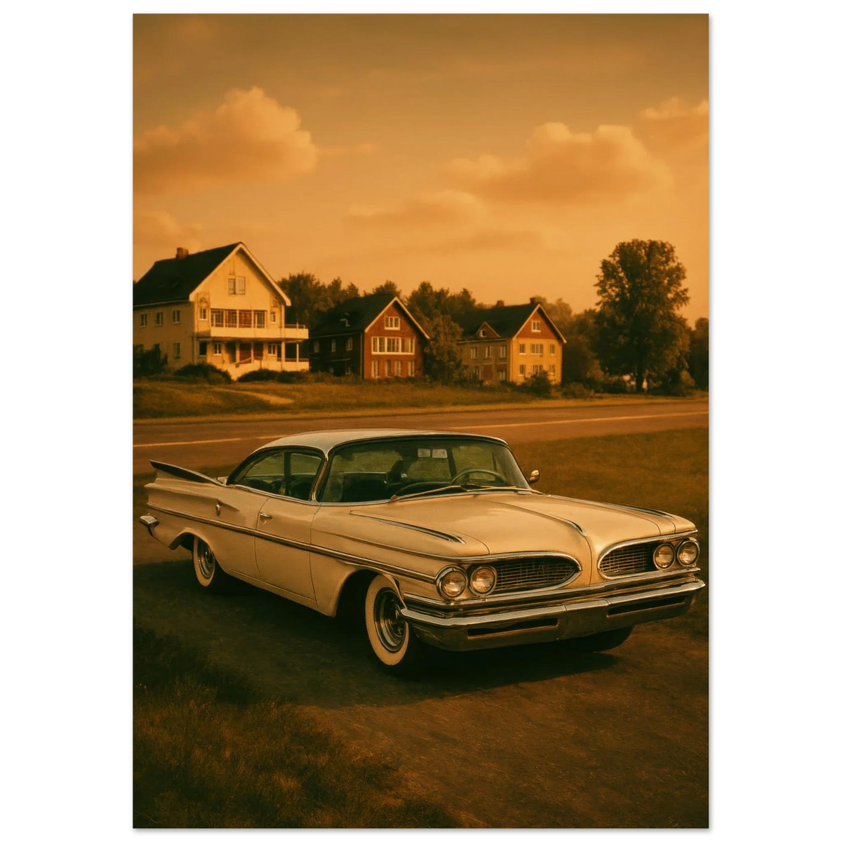 Retro Sunset Drive Poster - Vintage Car Art Print in Warm Sepia Tones, Available in 29 Sizes