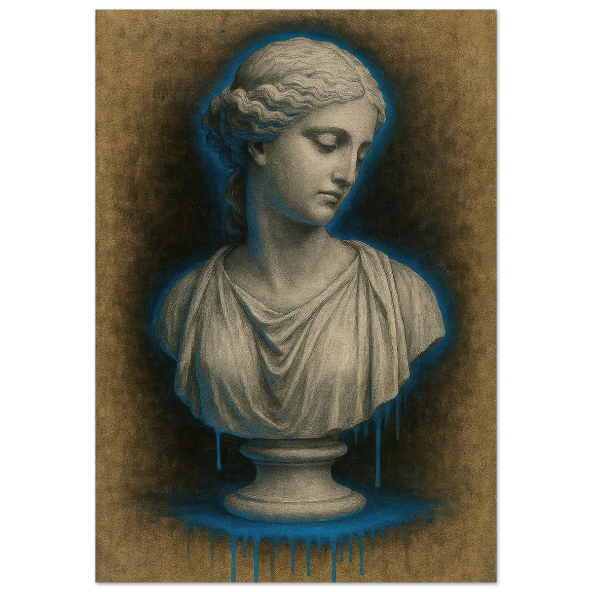 Neon Blue Aura Goddess Bust Poster - Modern Renaissance Wall Art Print