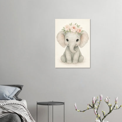 Söt Baby Elefant med Blomsterkrans – Akvarellkonsttryck för Barnrummet
