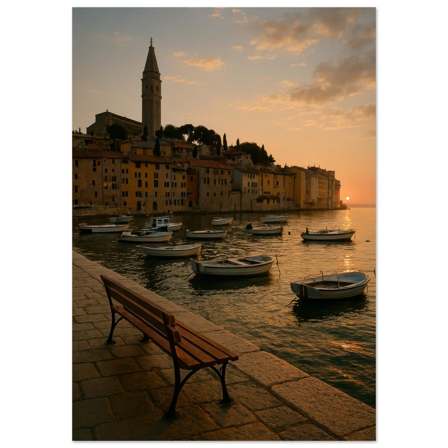 Golden Hour Coastal Town Sunset Poster – Vivid Seascape Art Print in Your Choice of 29 Sizes