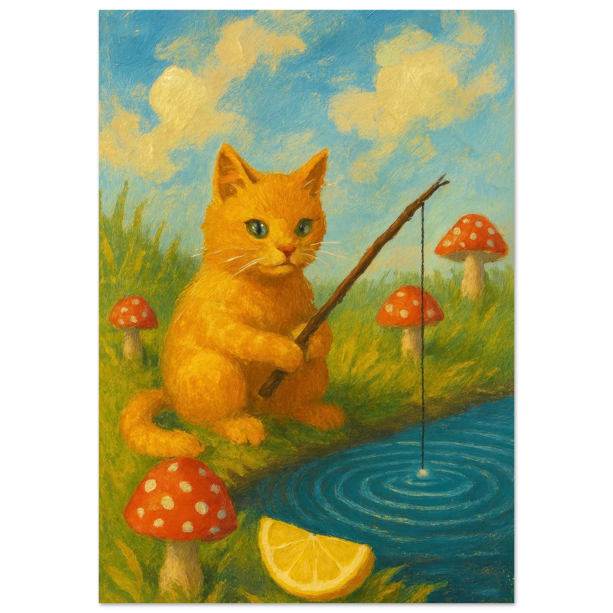 Kattfiske Poster – Elegant Konstverk med Katt som Fiskar i Damm