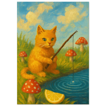 Kattfiske Poster – Elegant Konstverk med Katt som Fiskar i Damm