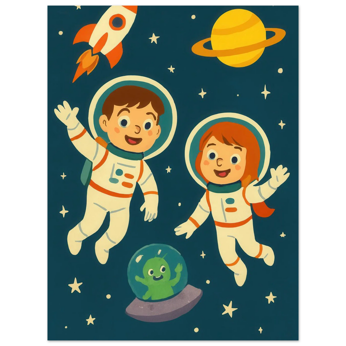 Kosmiska Kompisar: Fängslande Astronaut- & Alien- Konsttryck