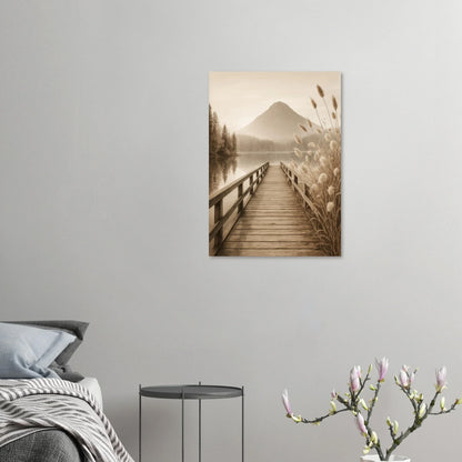 Misty Mountain Lake Dock Poster - Serene Sepia Landscape Art Print