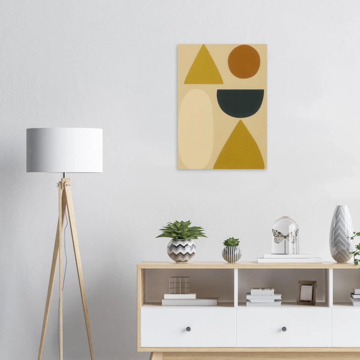 Abstrakt Minimalistisk Geometrisk Konsttryck – Gul, Svart & Rostfärgade Former på Halvblankt Premiumpapper