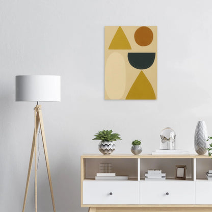 Abstrakt Minimalistisk Geometrisk Konsttryck – Gul, Svart & Rostfärgade Former på Halvblankt Premiumpapper