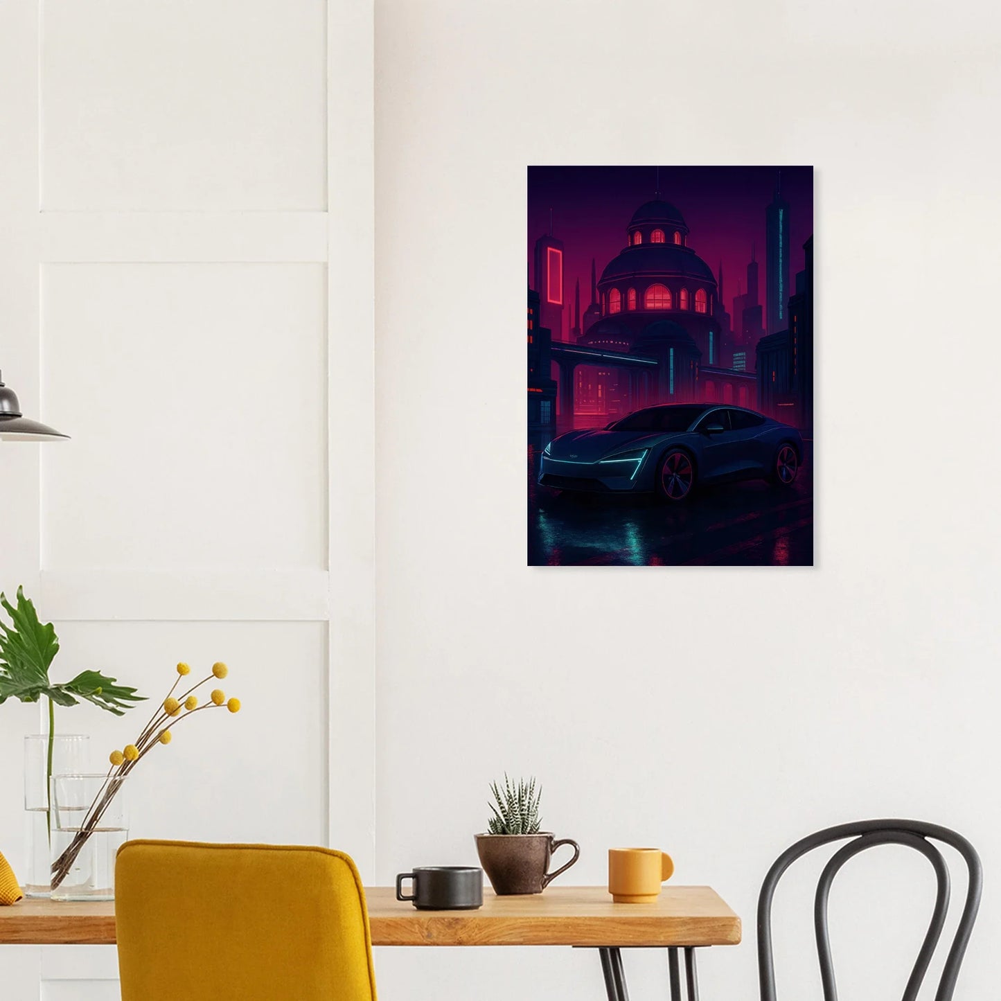 Futuristic Cyberpunk Bil Art Print – Neonstad Nattscen med Elbil