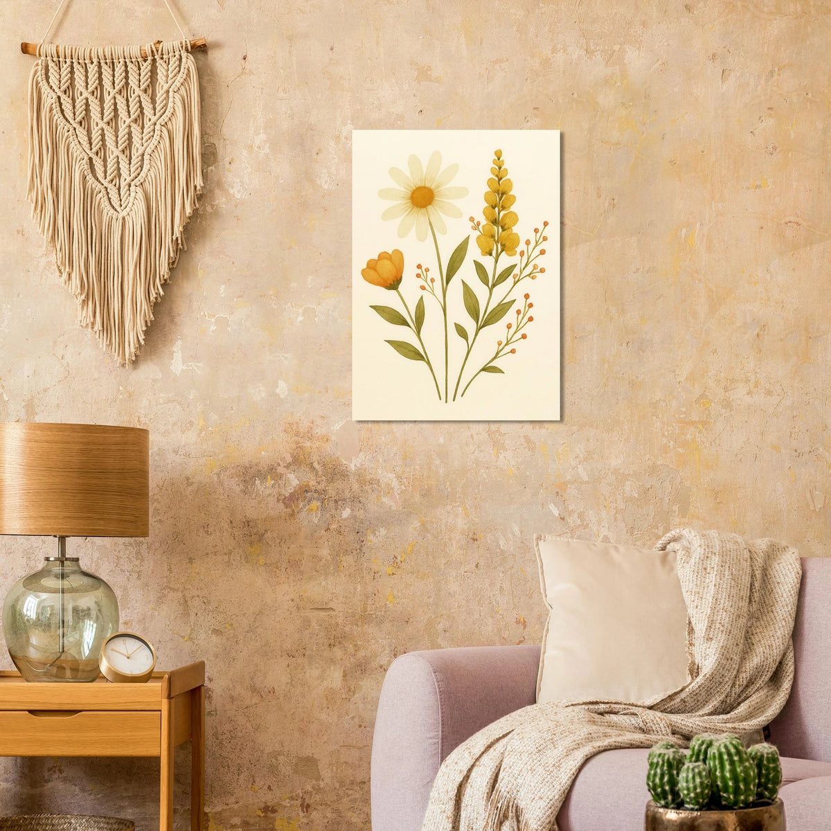 Vibrant Watercolor Wildflowers Print – Daisy, Berries & Botanical Art in Warm Hues