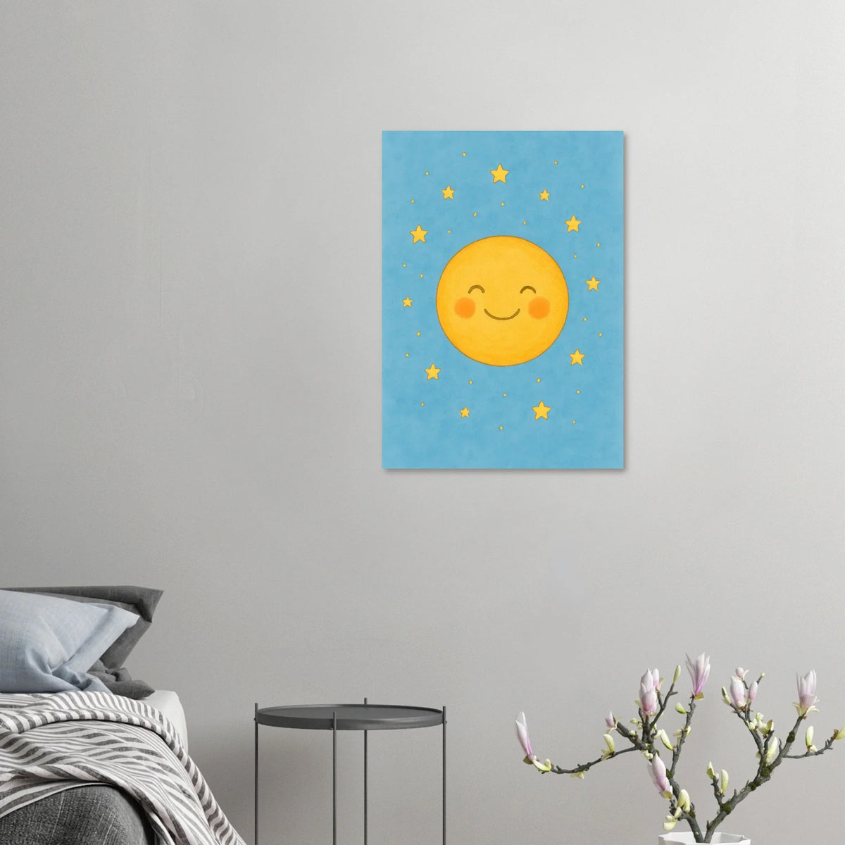Dreamy Sky Moon & Stars Print | Whimsical Nursery Art | Soft Blue & Yellow Giclee Poster