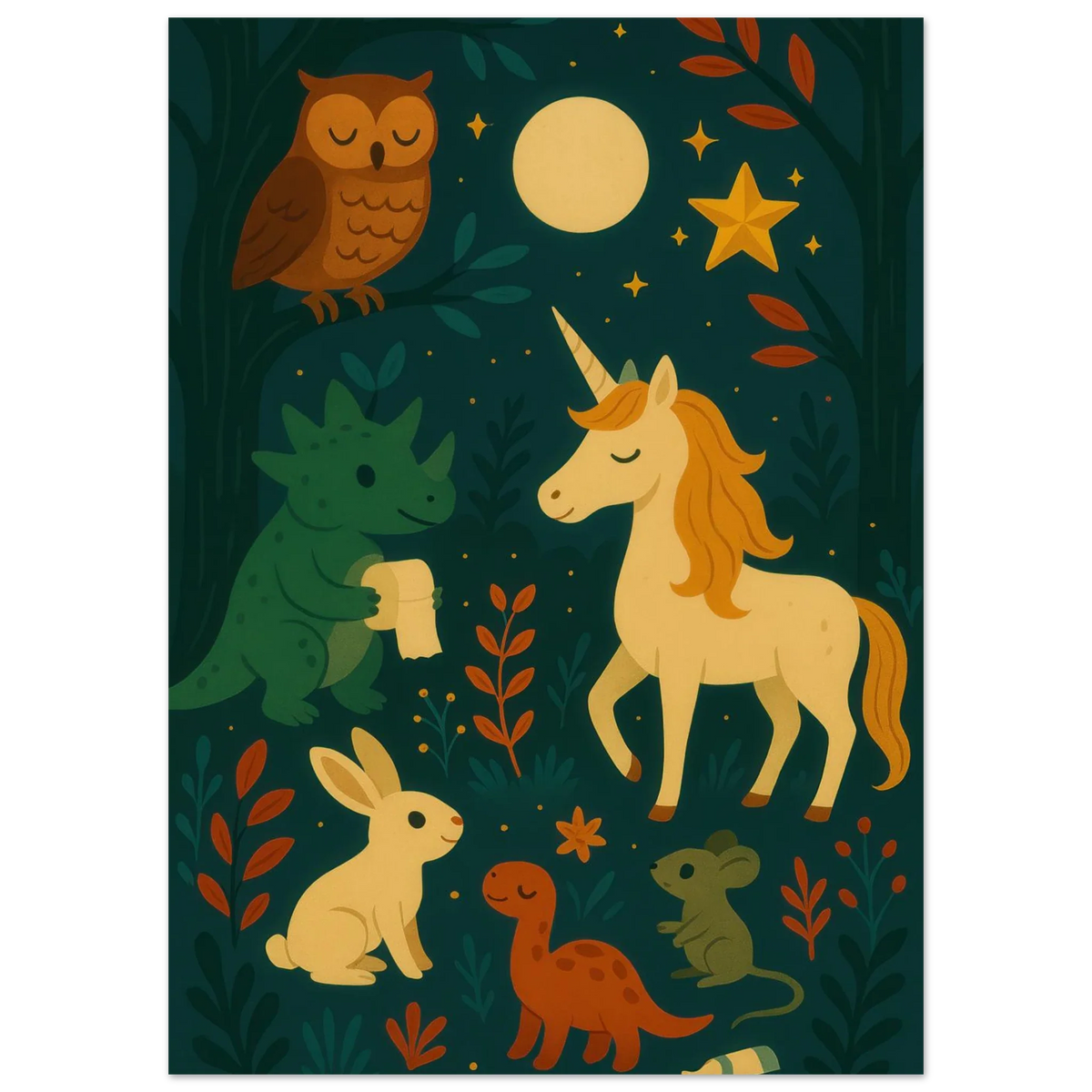 Magical Forest Friends Art Print – Whimsical Woodland Decor for Nursery & Kids' Rooms