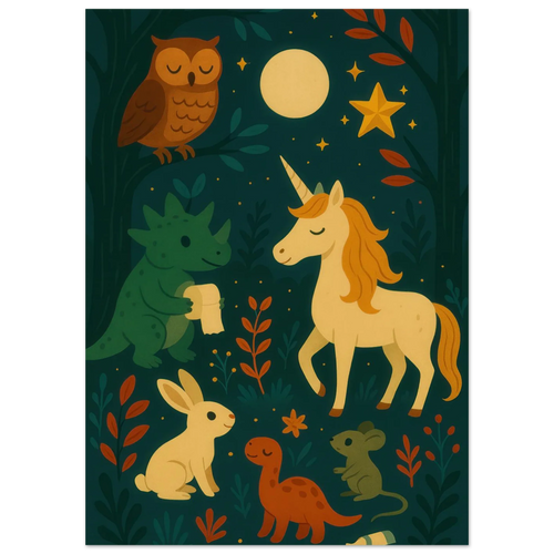 Magical Forest Friends Art Print – Whimsical Woodland Decor for Nursery & Kids' Rooms