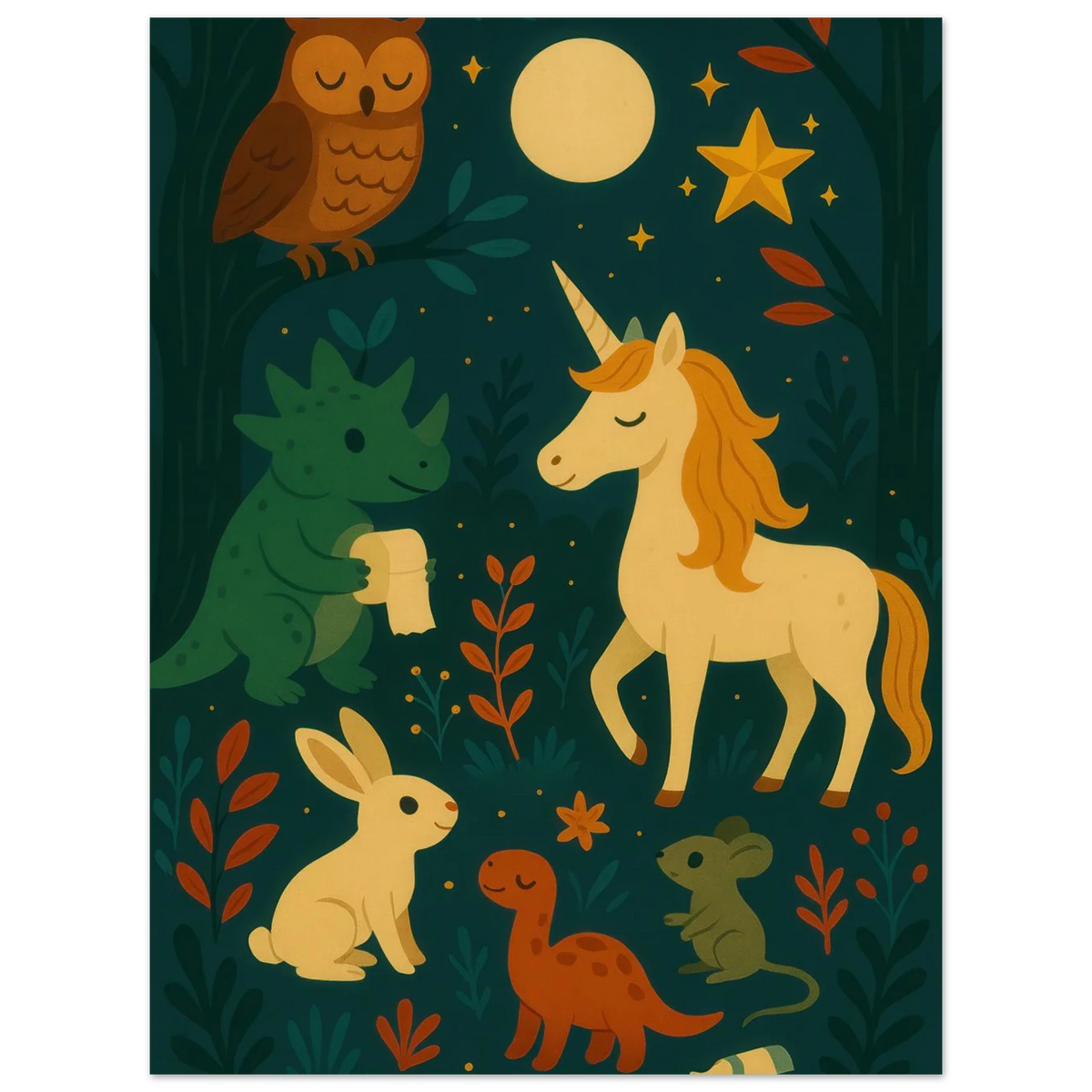 Magical Forest Friends Art Print – Whimsical Woodland Decor for Nursery & Kids' Rooms