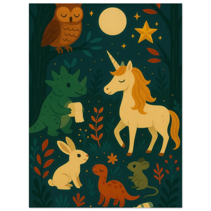 Magical Forest Friends Art Print – Whimsical Woodland Decor for Nursery & Kids' Rooms