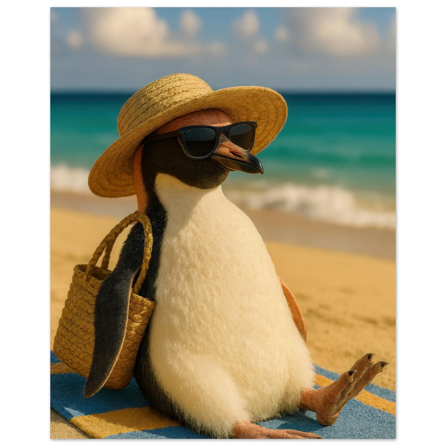Djur: "Beach Bum Penguin" – Avkopplande Konsttryck för En Touch av Sommarglädje
