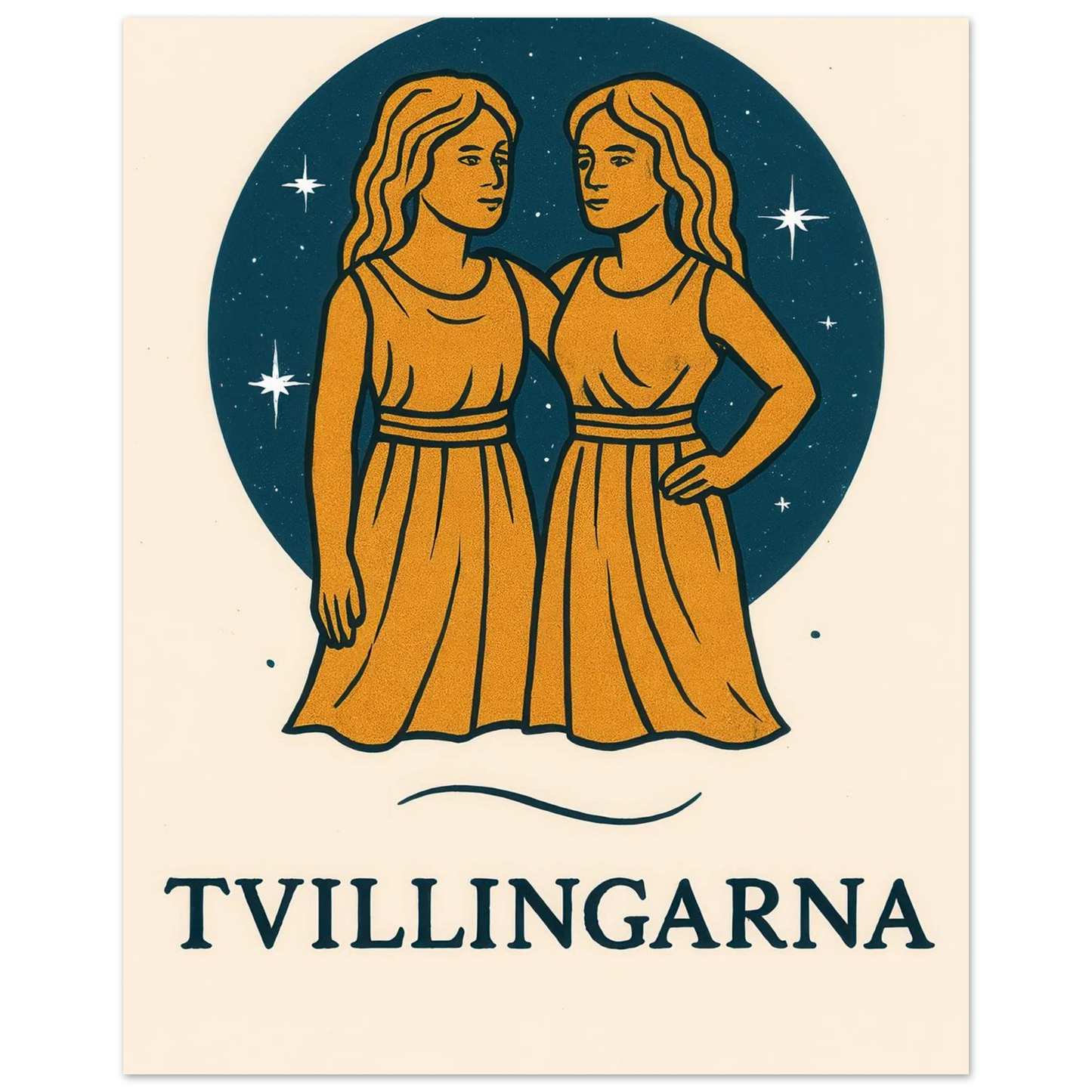 Tvillingarna Zodiac Konsttryck – Gulblå Retro Astrologisk Design Affisch