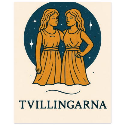 Tvillingarna Zodiac Konsttryck – Gulblå Retro Astrologisk Design Affisch