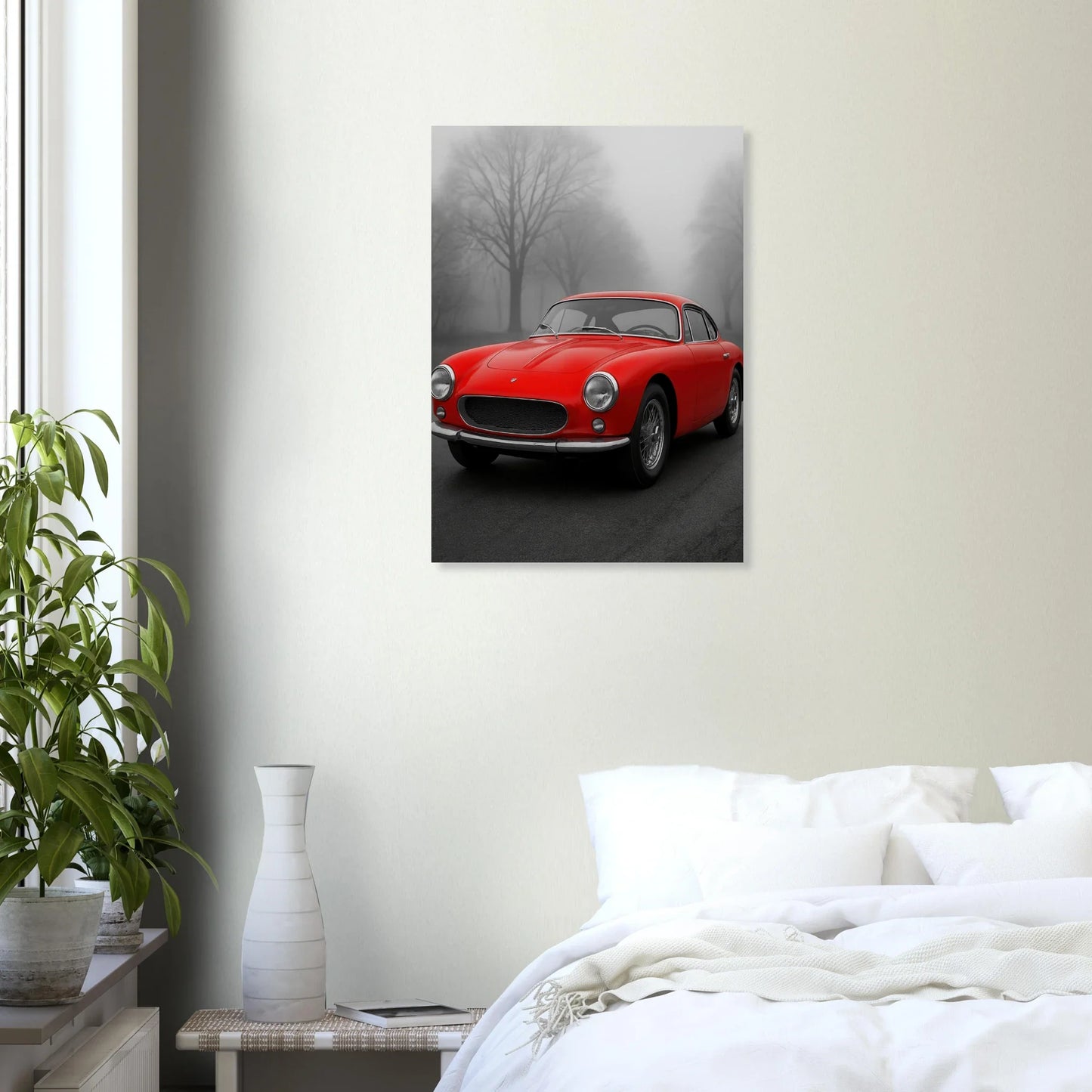 Bilar: Classic Red Sports Car Art Print – Captivating Mist Series, Available in Multiple Sizes