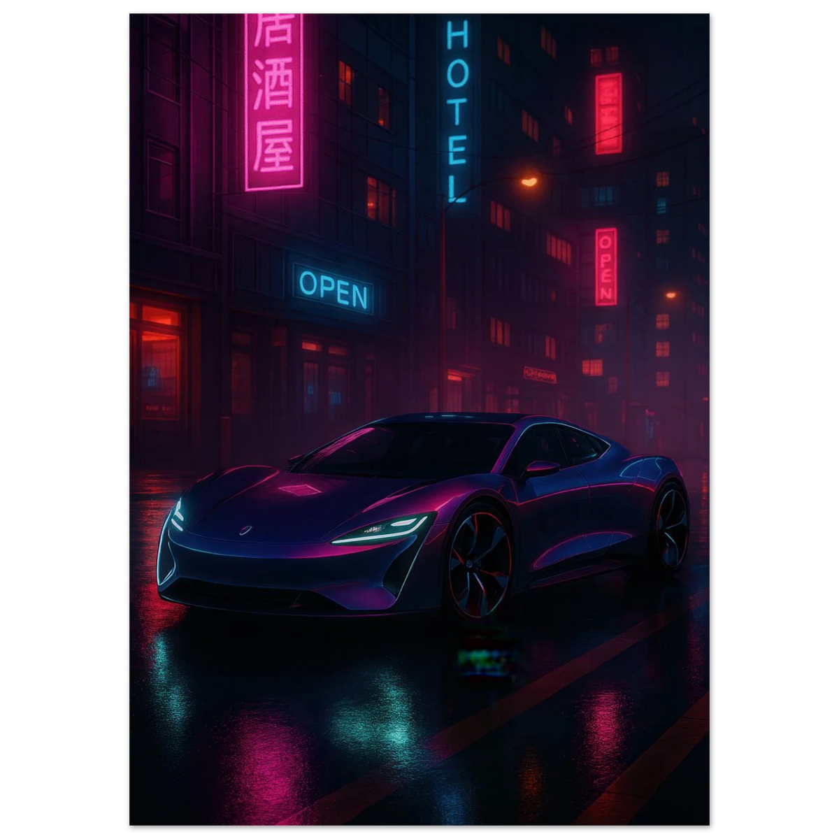 Neon Night Rider Poster: Vibrant Cyberpunk Car Art Print, Choose Your Size