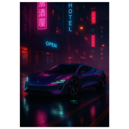 Neon Night Rider Poster: Vibrant Cyberpunk Car Art Print, Choose Your Size