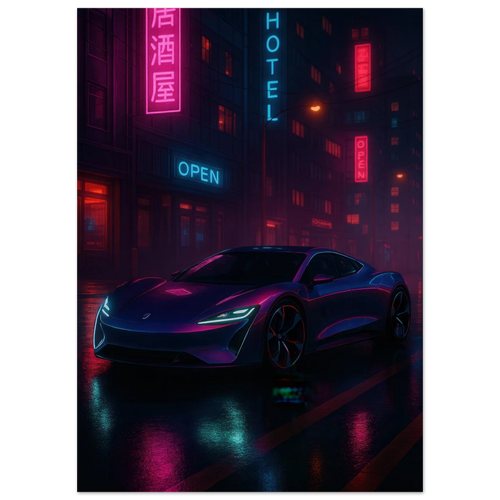 Neon Night Rider Poster: Vibrant Cyberpunk Car Art Print, Choose Your Size