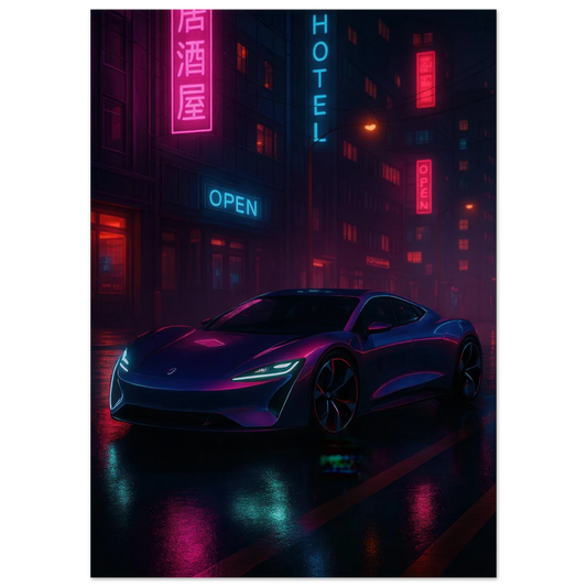 Neon Night Rider Poster: Vibrant Cyberpunk Car Art Print, Choose Your Size