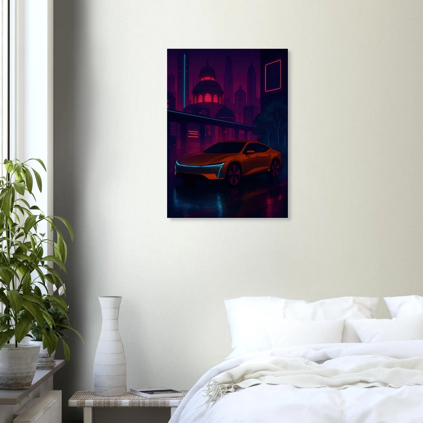 Neon Nightdrive: Futuristisk Bil i Cyberpunk Stadsbild Affisch – Konstavtryck med Livfulla Färger