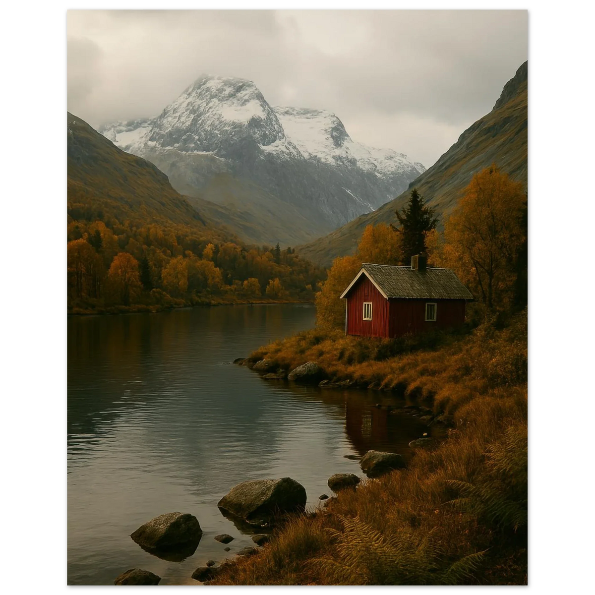 Red Cabin by the Lake: A Serene Autumn Mountain Landscape Poster