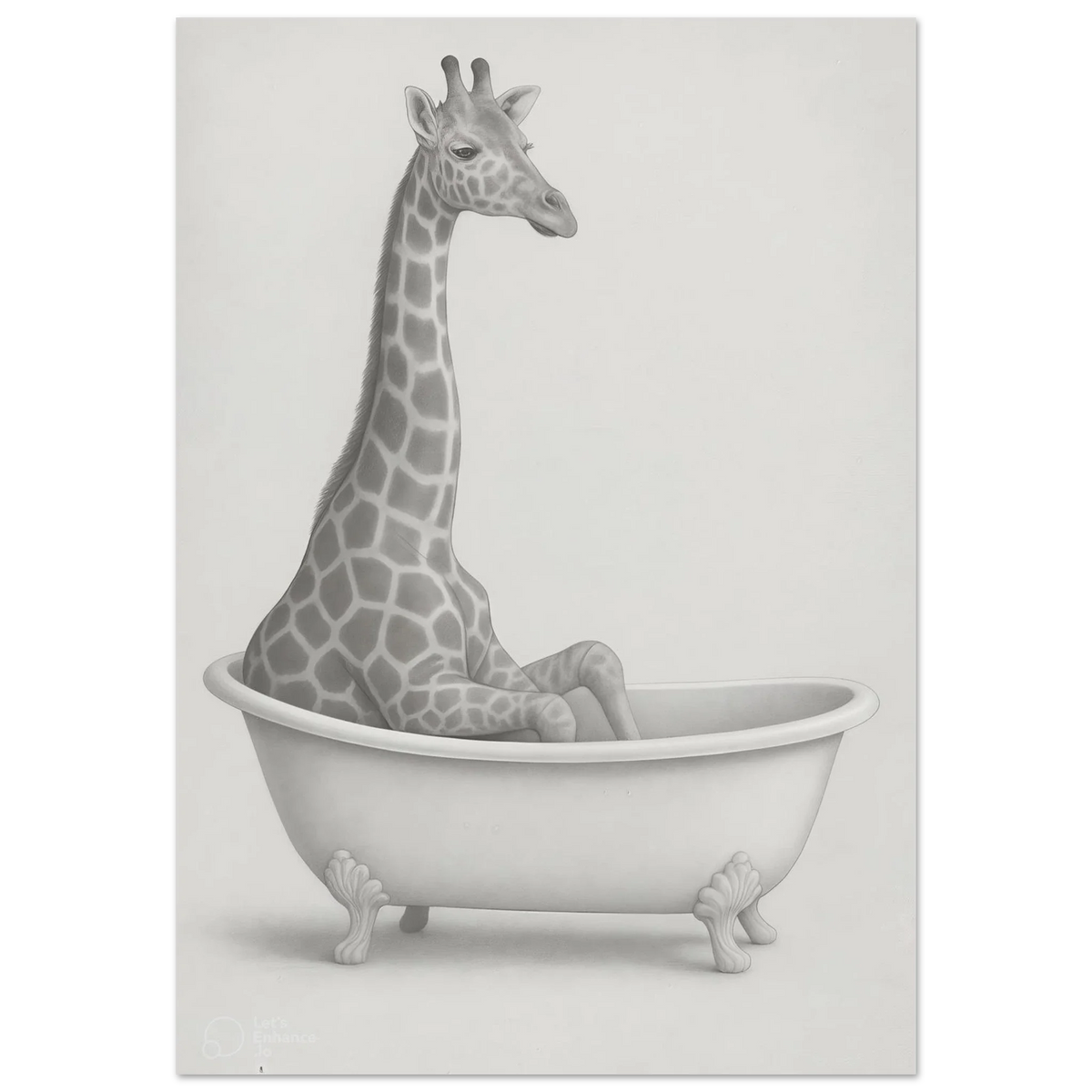 Charming Giraffe Bath Time Artistic Poster - Whimsical Sketch Art Print