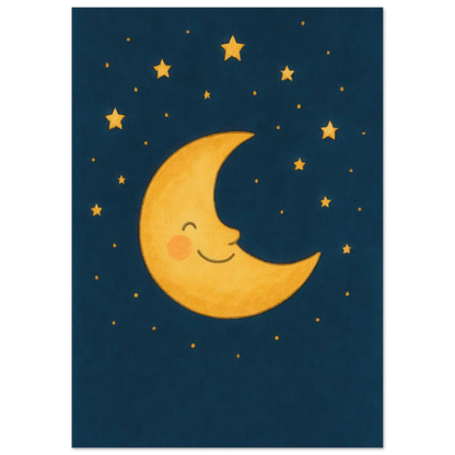 Smiling Crescent Moon & Stars Art Print – Whimsical Nursery & Kids Room Decor