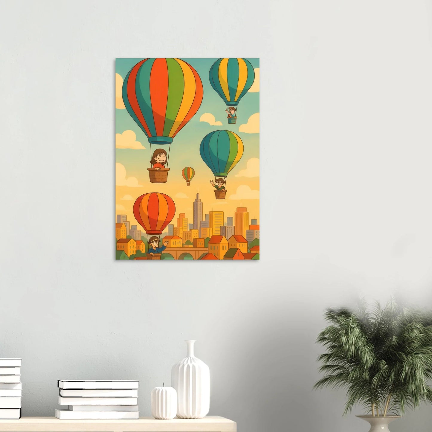 Barn: Whimsical Hot Air Balloon Cityscape Art Print – Elevate Your Space with Retro Charm