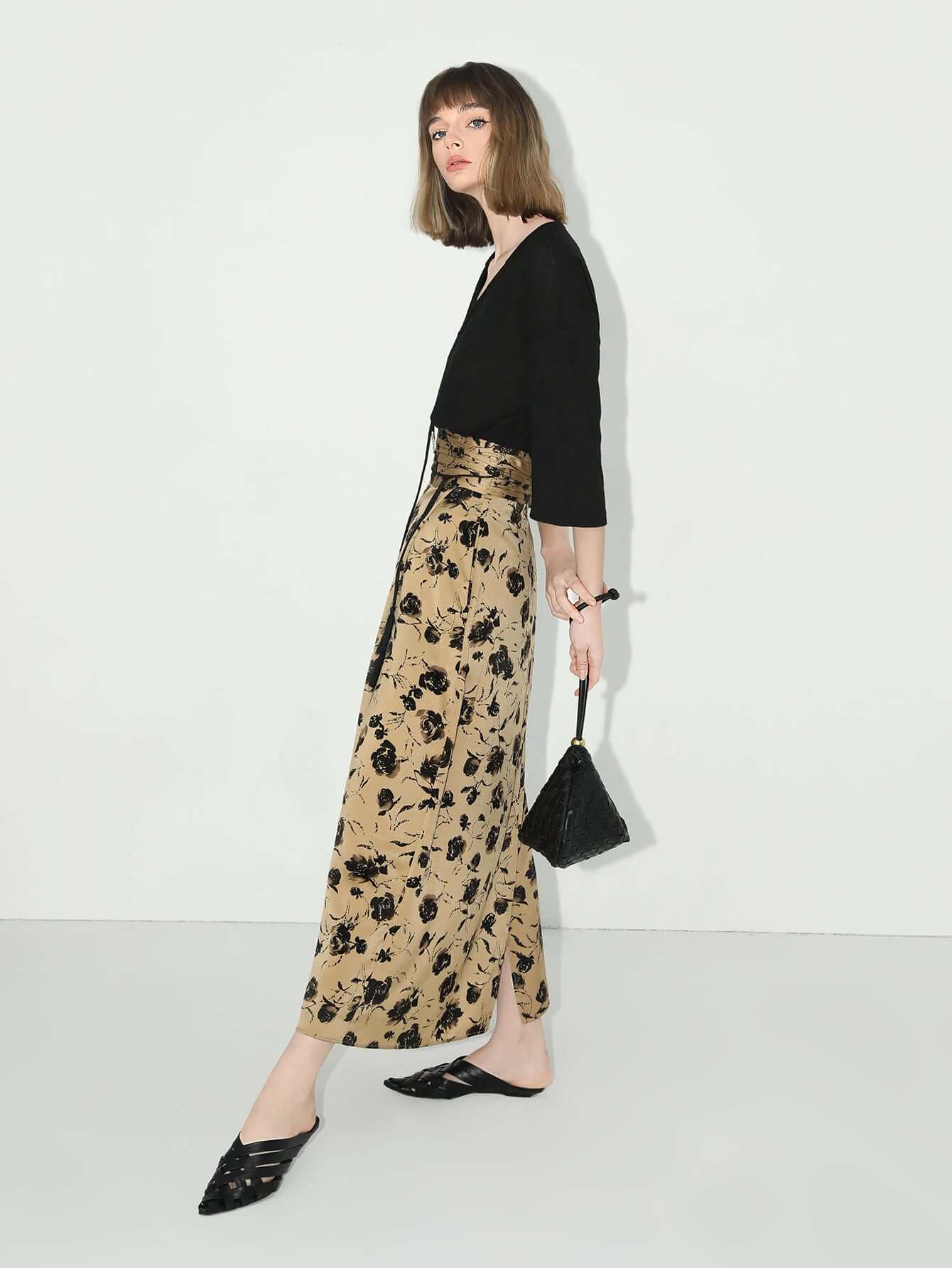 Fringe Tassel High-Waist Floral Pleated Midi Skirt-2