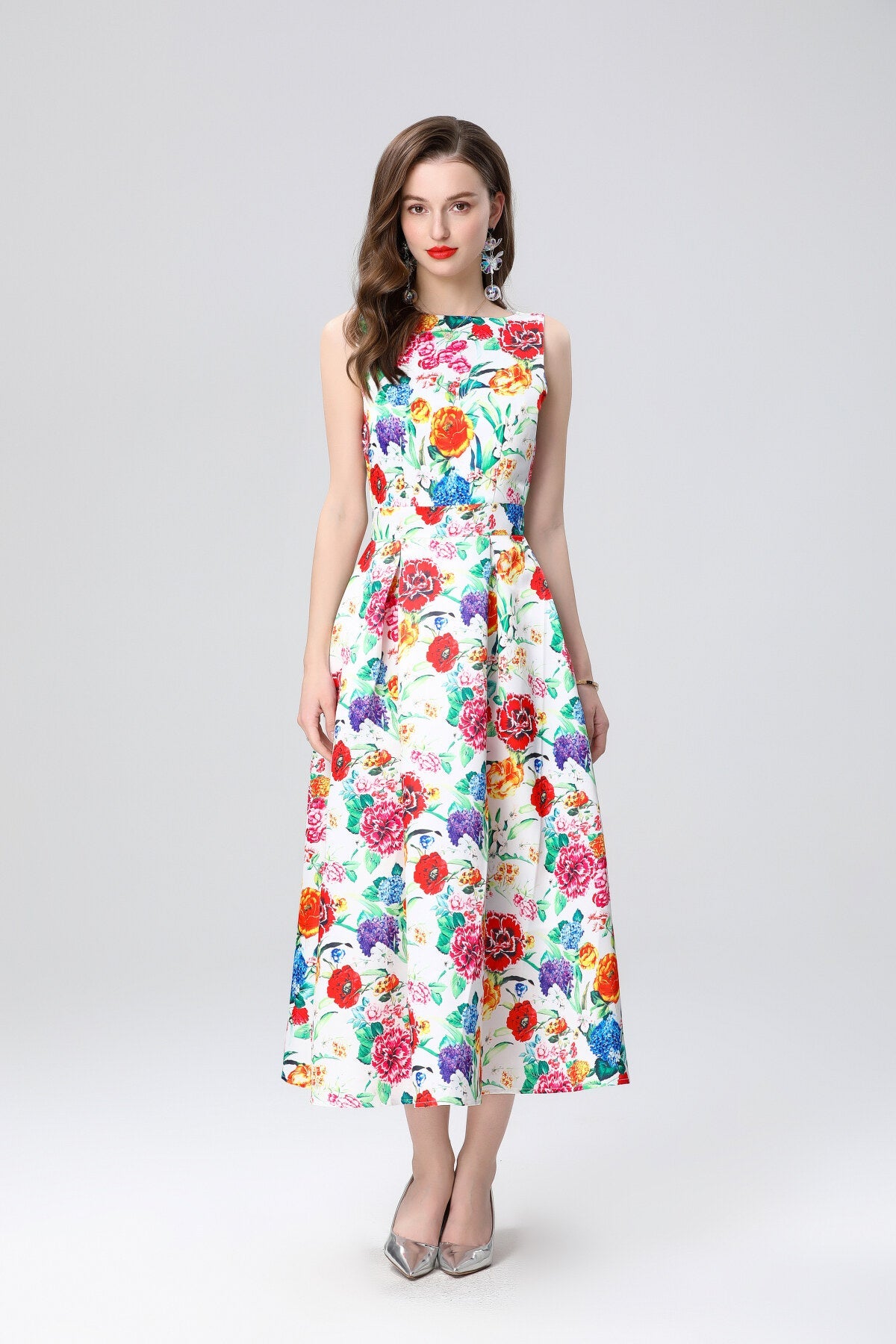Garden Floral Structured Sleeveless High Waisted A Line Dress-7