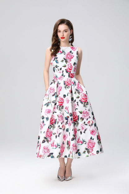 Garden Floral Structured Sleeveless High Waisted A Line Dress-9