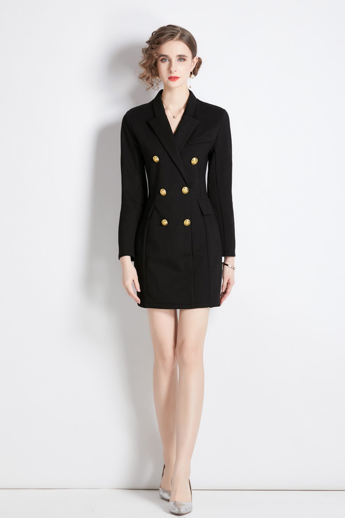 Gold Double Breasted Little Black Blazer Dress-0