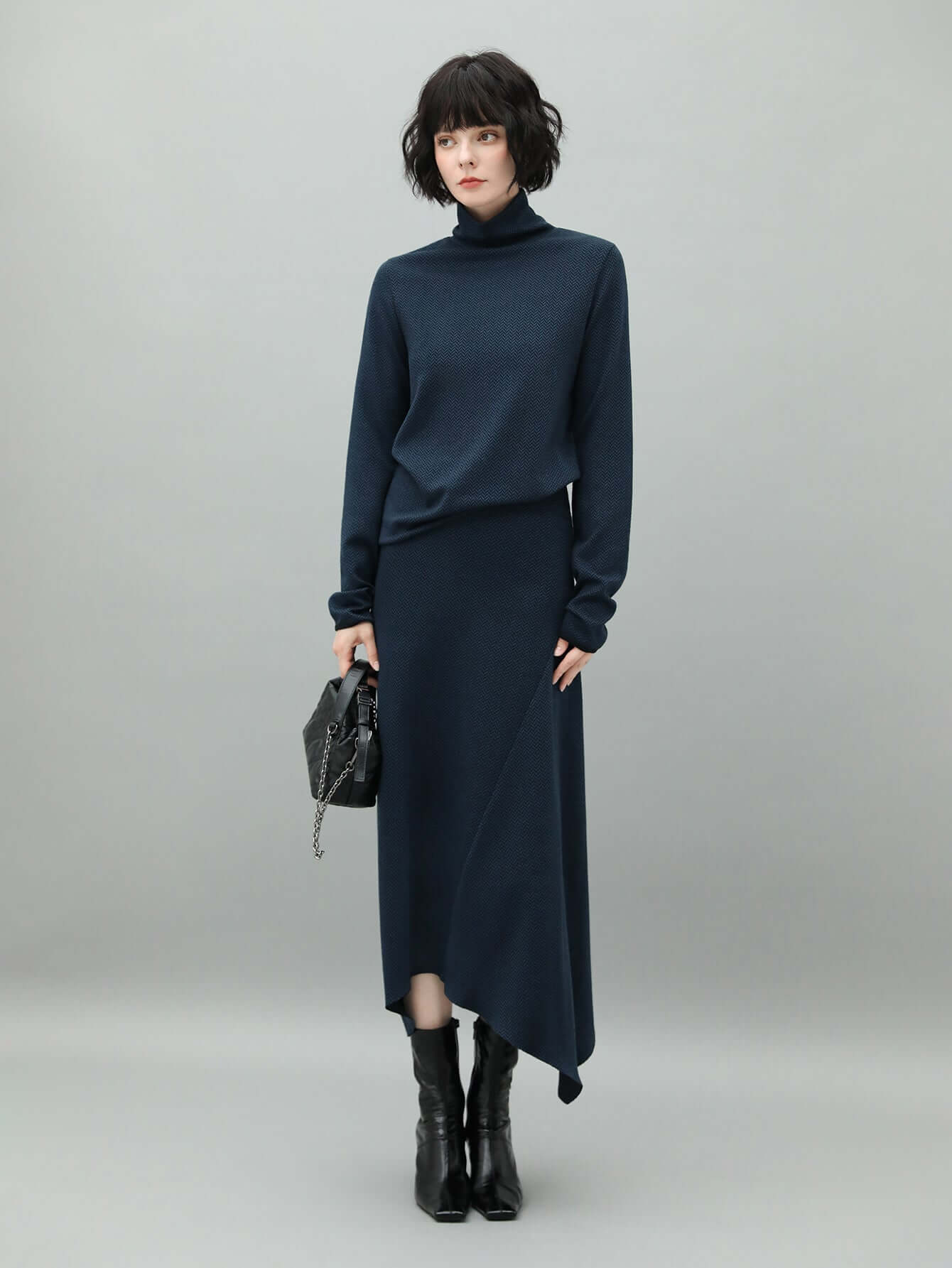 Herringbone High Neck Knit Top in Navy-2