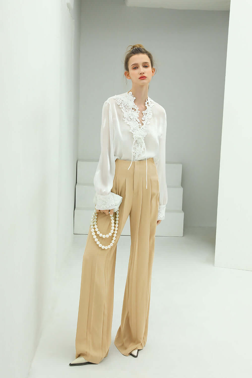High Waist Pleated Wide Leg Beige Pants-0