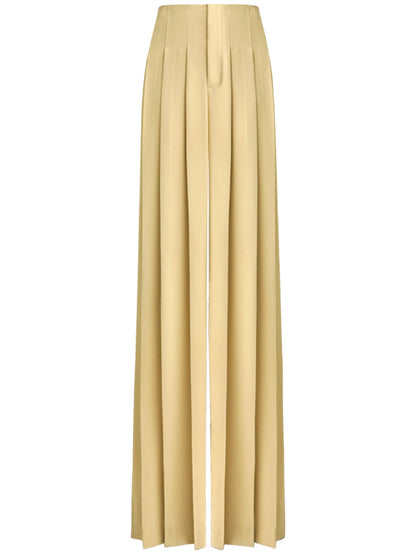 High Waist Pleated Wide Leg Beige Pants-3