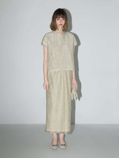 Luxe Contrast Champagne Silk Textured Satin Midi Skirt-1