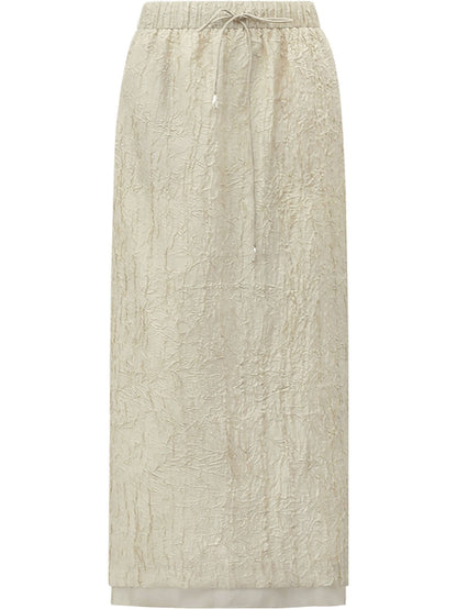 Luxe Contrast Champagne Silk Textured Satin Midi Skirt-3