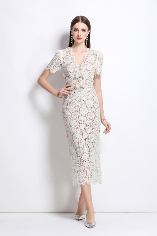 Magnolia White Double Layer Lace Cut Out Pencil Dress-0