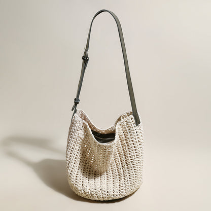 Medium White Beach Tote Bag with Blue Leather Straps-0