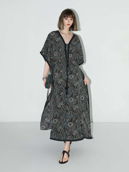 Navy Paisley Batwing Vacation Dress-2