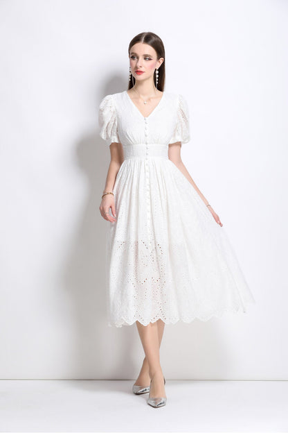 Plunging Neckline Lantern Sleeve Flowy White Maxi Dress-1