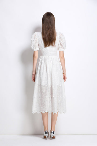 Plunging Neckline Lantern Sleeve Flowy White Maxi Dress-3