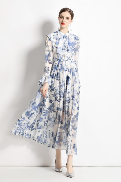 Porcelain Blue Floral Slim Fit Long Sleeve Shirt Dress-1