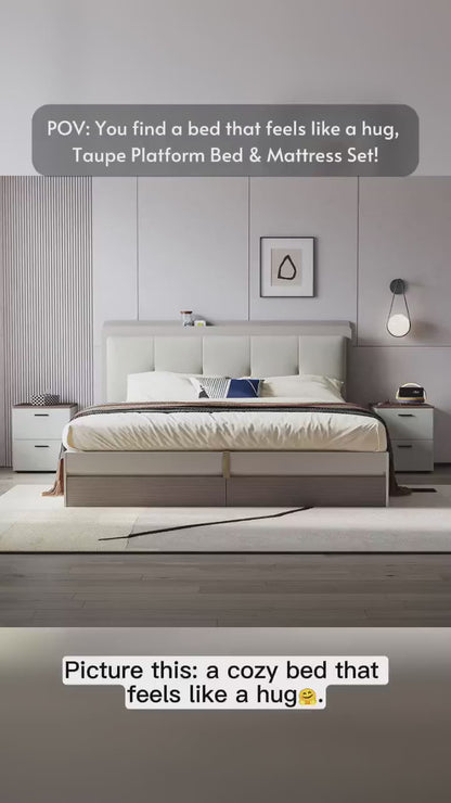 Cappuccino Taupe Platform Bed with Bedside Table & Mattress Set