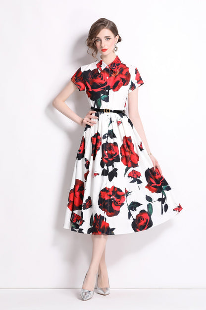 Romantic Rose Lapel Collar Shirt Dress-1