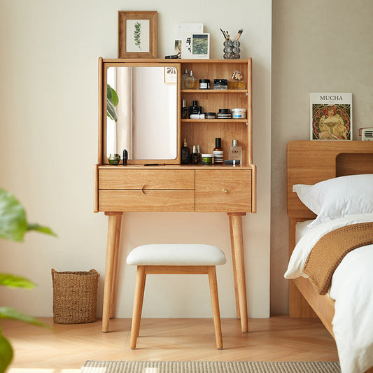 Solid Wood Dressing Table with White Stool Set-0