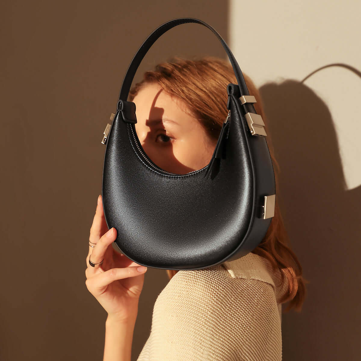 Structured Leather Crescent Moon Bag-3