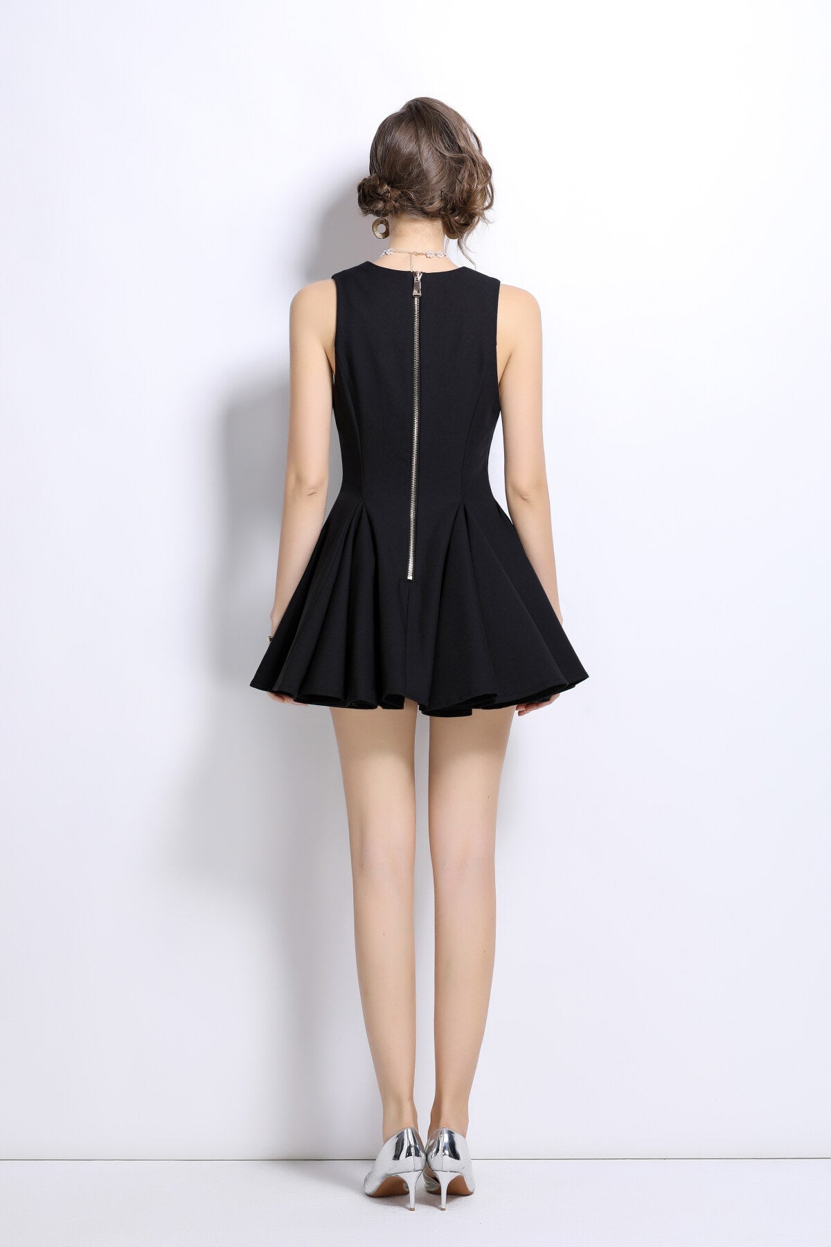 V Neck Double Breasted Pleated Puff Mini Dress-3